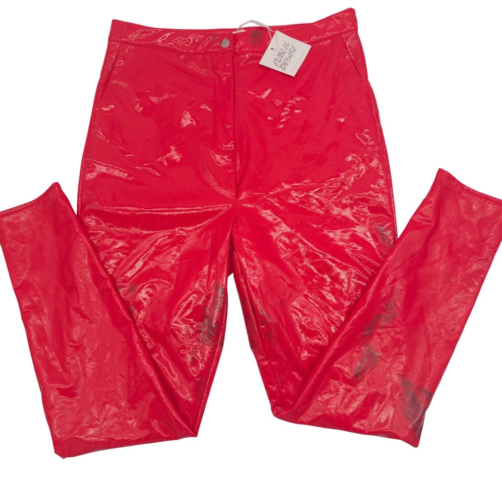 Public Desire Women's Red Vinyl Skinny Crinkled Texture Pants Size 12